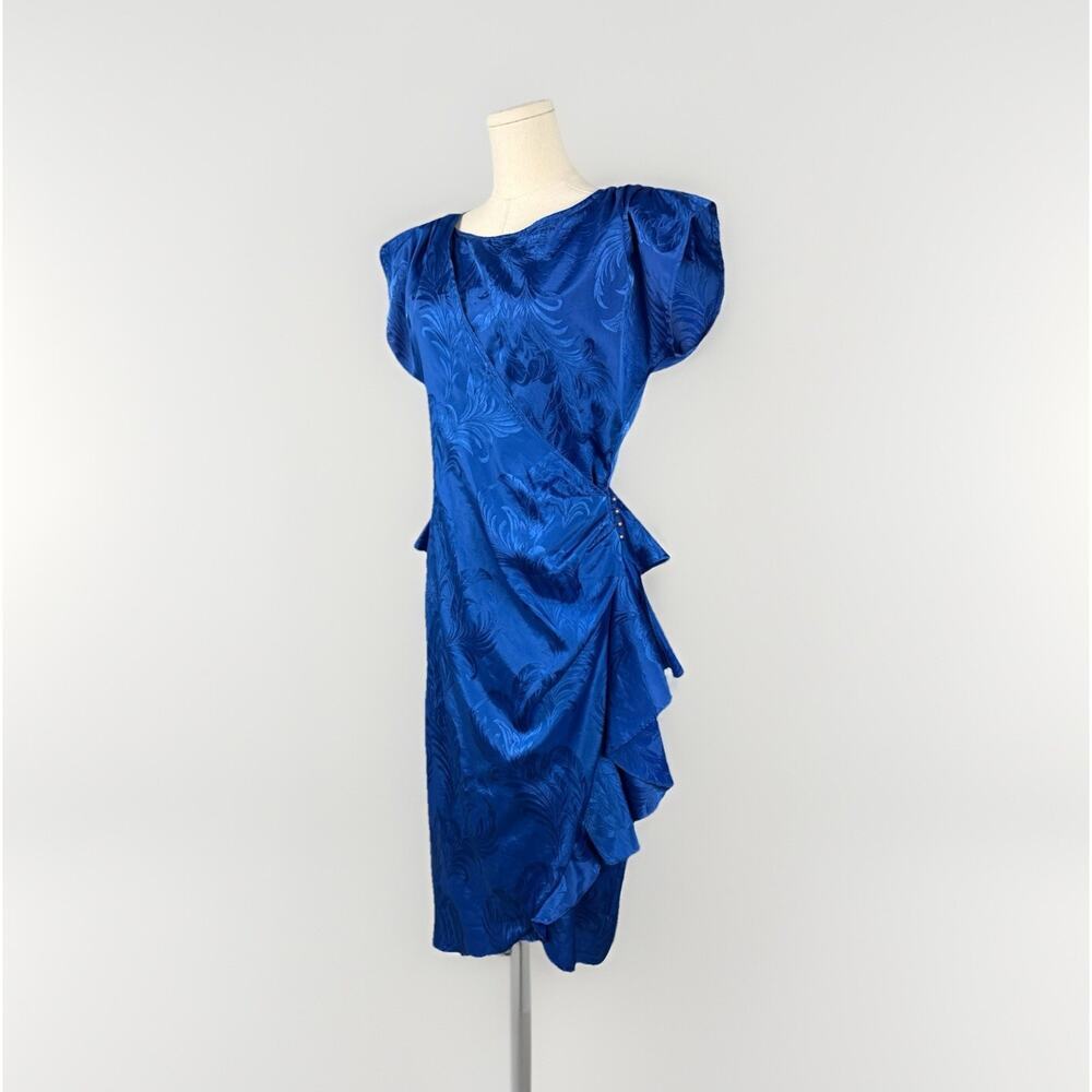 VTG 80s Printed Satin Cocktail Wrap Dress Size S Cobalt 90s Evening Party Peplum